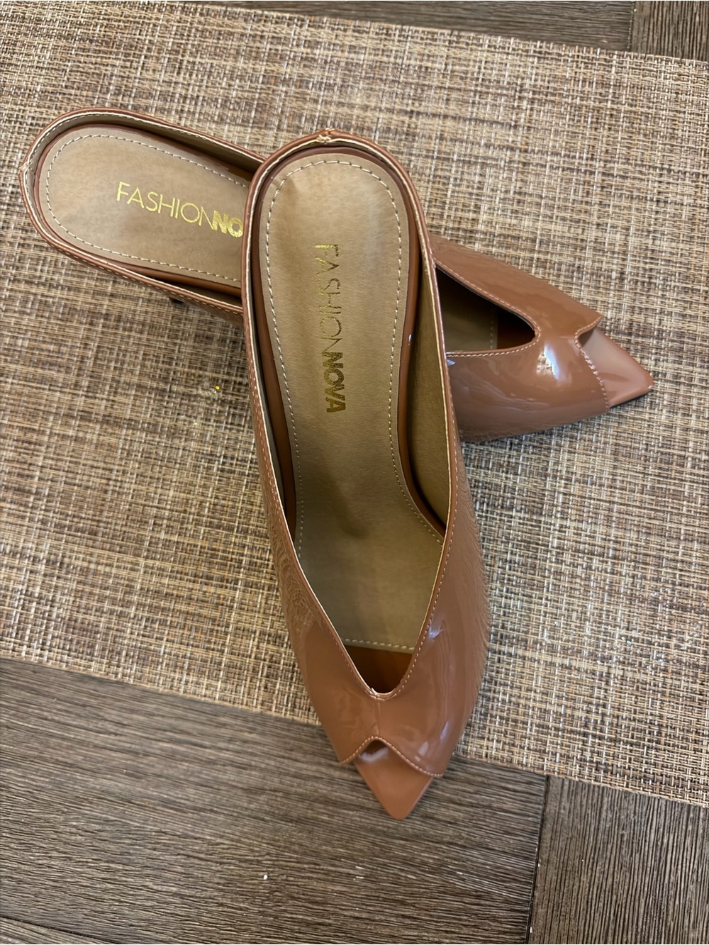Fashion Nova Tan Patent Pointed Toe Slide Mules